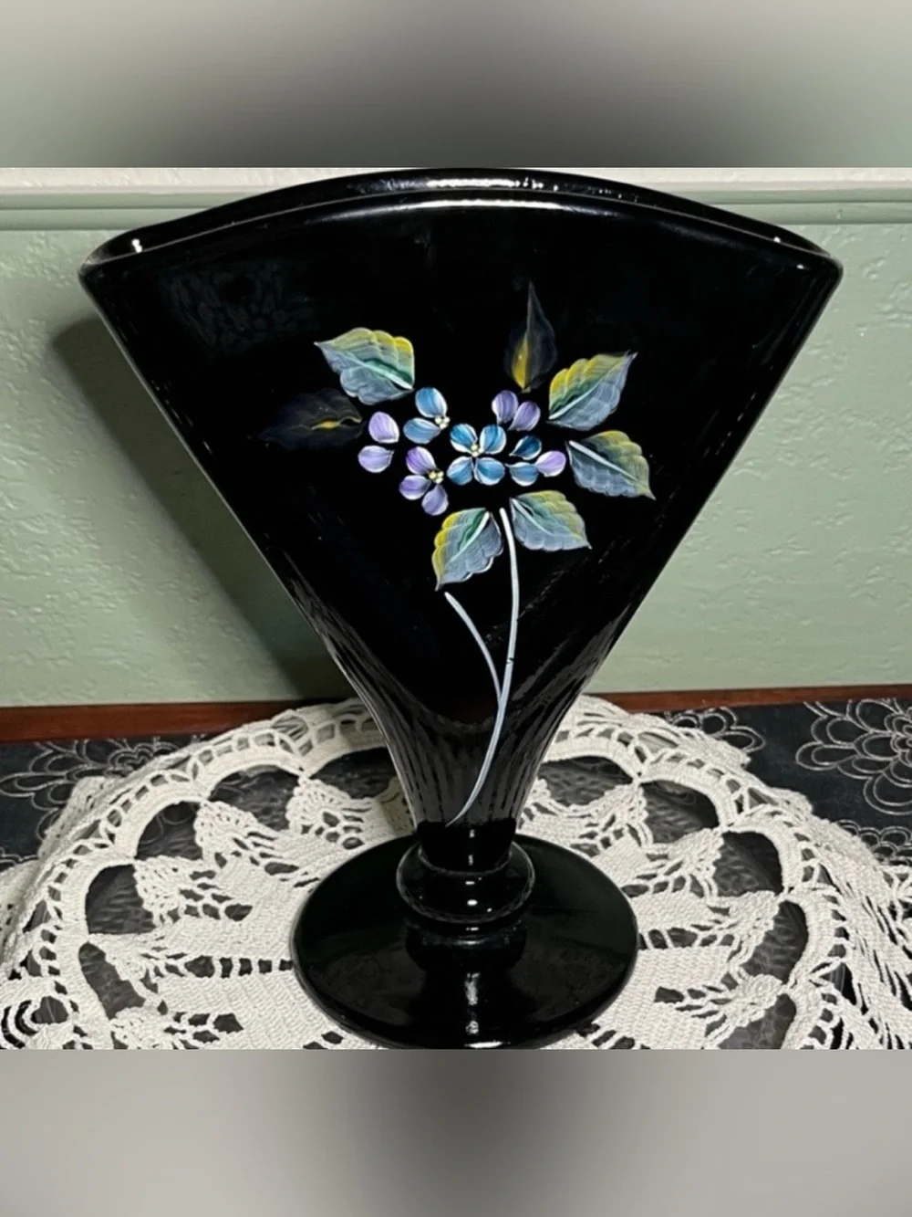 Vintage Fenton Black Amethyst Fan Vase – Hand Painted & Signed